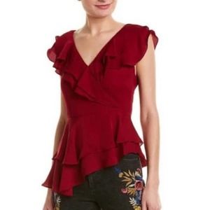 NEW Alice & Olivia Pandora Ruffle Top Bordeaux Red Blouse 100% Silk